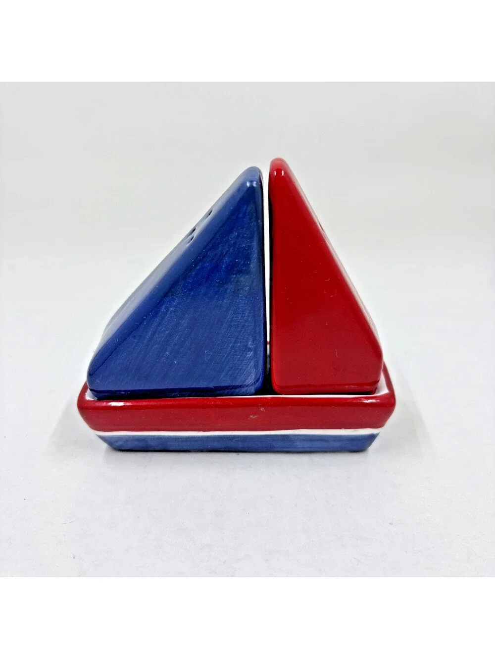 Vintage Sail Boat Salt Pepper Shaker Nautical Red White Blue Beach Picnic